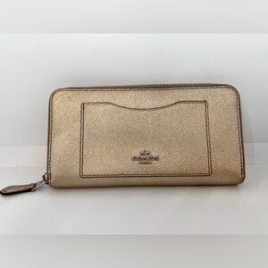 Coach Metallic Gold Beige Pebbled Leather Women's Wallet Double Zip Wallet